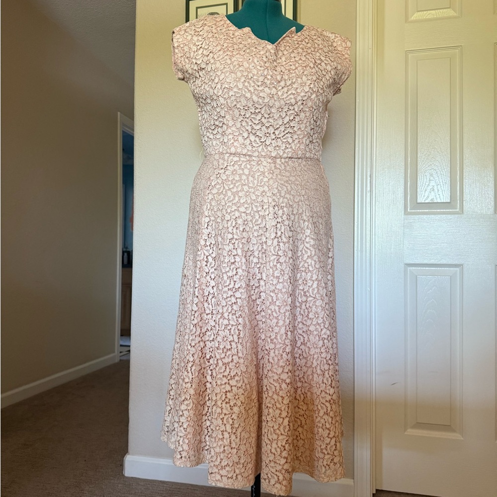 1950s Vintage Peach/ Pale Pink Lace Dress with Rhinestone & Pearl Embellishment